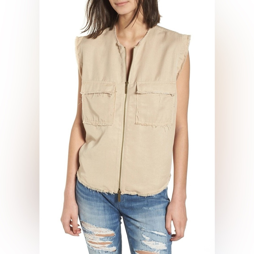 True Religion Women’s Beige Tan Distressed Fringe Vest Gold Zip Y2K Size XS